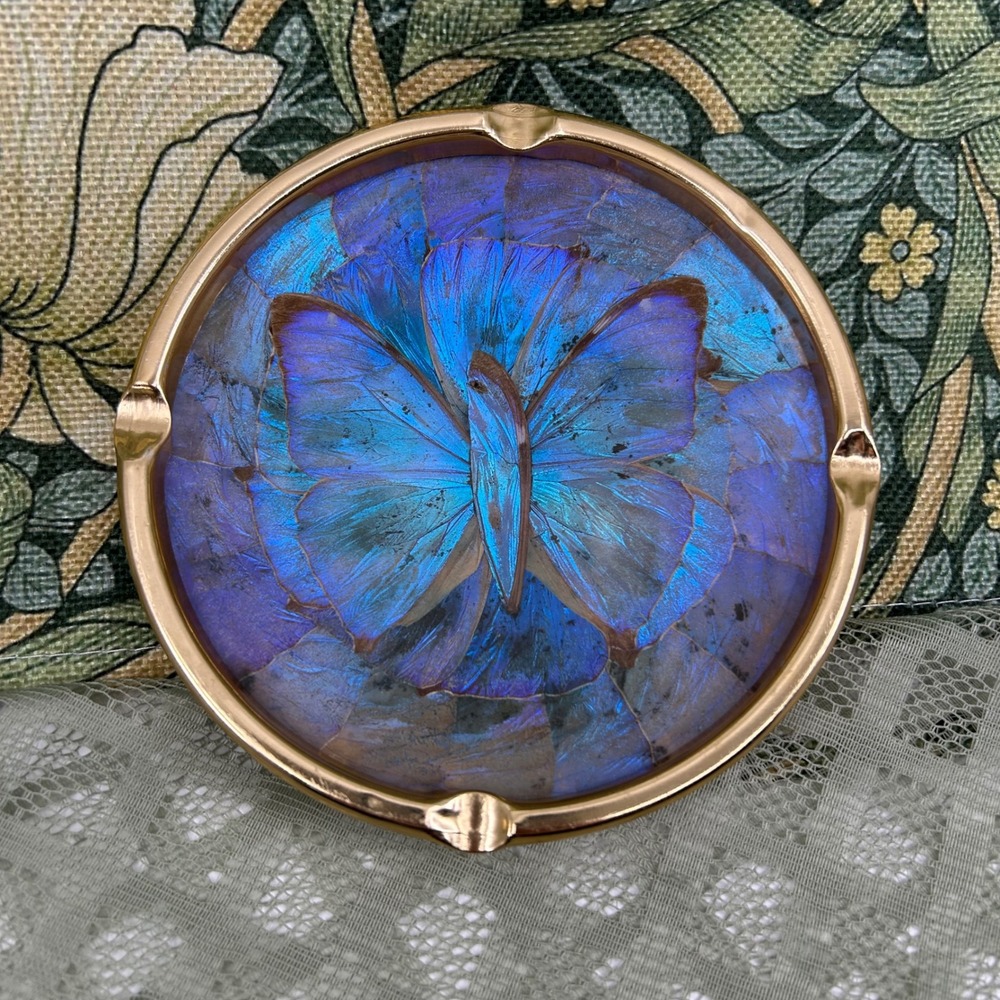 Vintage Brazilian Blue Morpho Butterfly Wing Ashtray Trinket Dish Gold Tone Boho